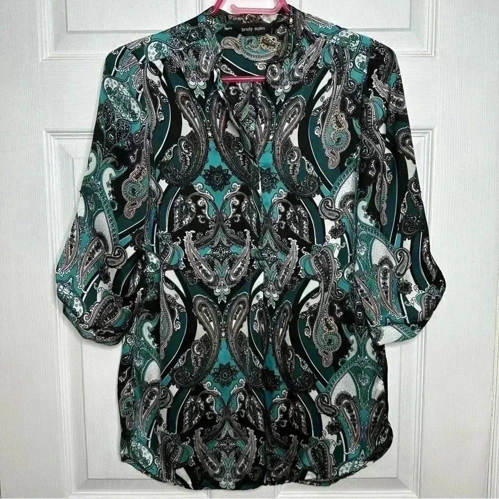 Brody Myles Blouse Collared Buttons Green/Blue/White Patterned Size Small